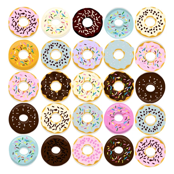 Süße Donut-Set von traditionellen amerikanischen süßen Dessert mit bunten Glasur und Streusel isoliert auf einem weißen für Menü-Design, Café-Dekoration, Lieferbox. Vektorillustration — Stockvektor