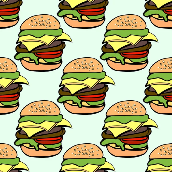 Ilustración de patrón sin costuras una hamburguesas en estilo de dibujos animados sobre fondo verde claro — Archivo Imágenes Vectoriales