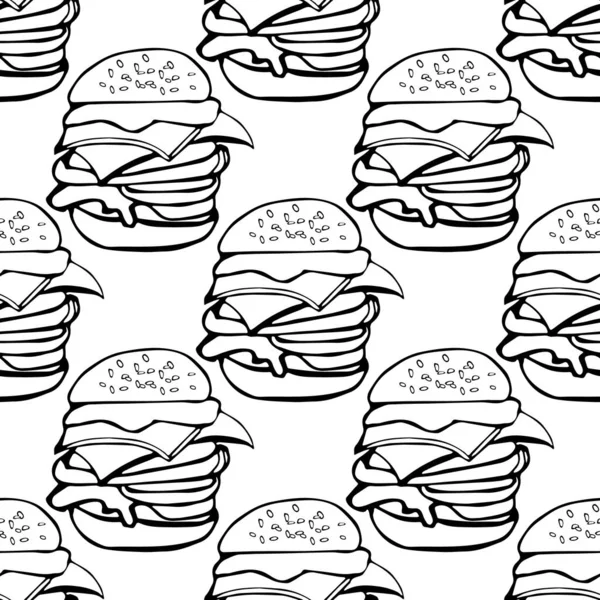 Sömlös mönster vektor illustration en hamburgare kontur på vitt — Stock vektor