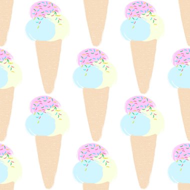 Vektörsüz desen çizimi. Dondurmayı çizgi film stili pastel renkle bembeyaz.
