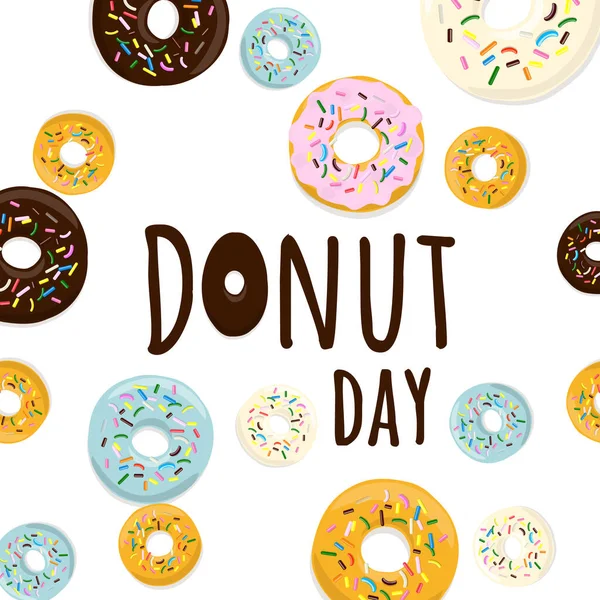 Coffret donut sucré de dessert sucré américain traditionnel en style dessin animé isolé sur fond blanc avec texte Journée donut, Vecteur — Image vectorielle