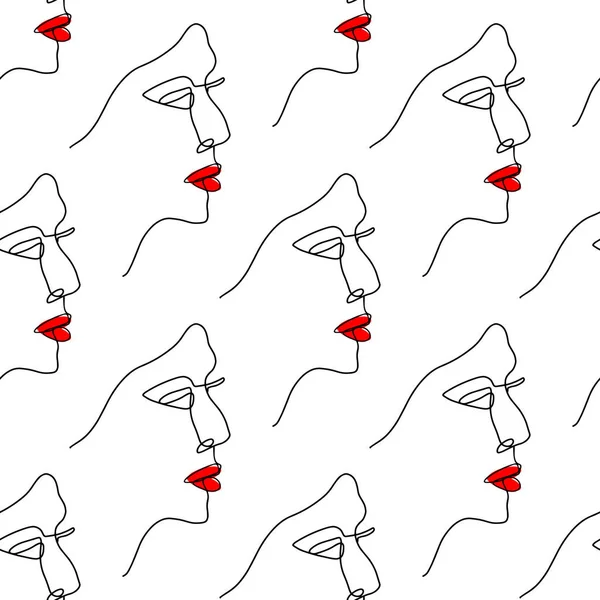 Ilustración de patrón sin costura vectorial con caras femeninas en estilo de arte de línea de color negro con labios rojos en blanco — Vector de stock