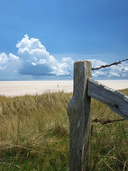 Holzstange und Zaun am Strand — Stockfoto