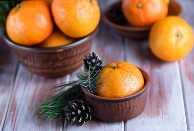 Tatlı ve sulu mandalina Ladin dal bir masada