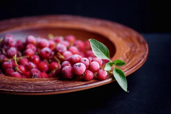 Gefrorene rote Johannisbeere mit einem Zweig Minze in einem dekorativen roten Bock — Stockfoto