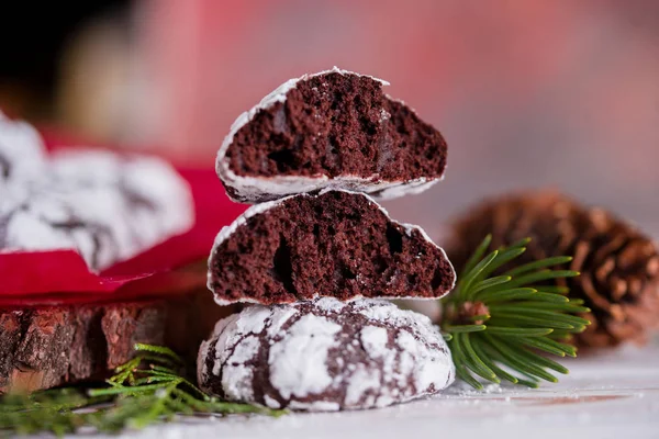 Beautiful tasty homemade cookie in the form of a muzzle of a deer on a wooden tray. Christmas food — Stock Photo, Image