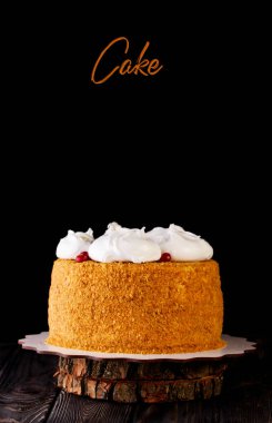 Taze böğürtlenli, pudralı ve bal damlacıklı lezzetli pasta. Pasta, tatlı, doğum günü pastası..