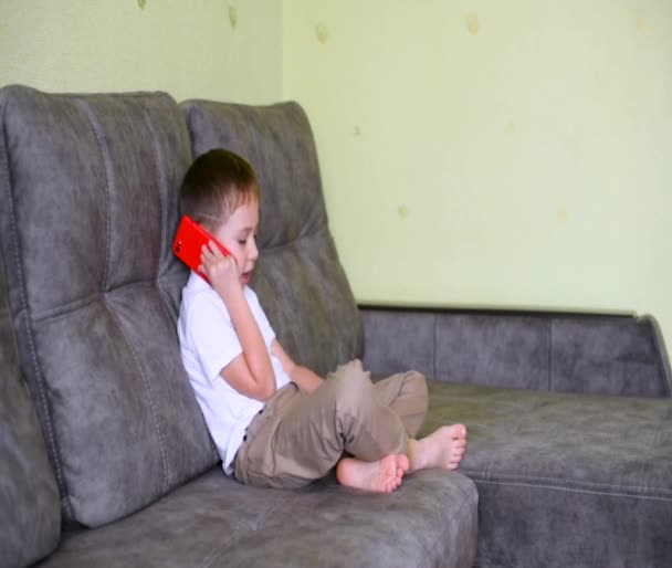 O menino se senta em um sofá cinza e fala ao telefone. Um jovem blogueiro . — Vídeo de Stock