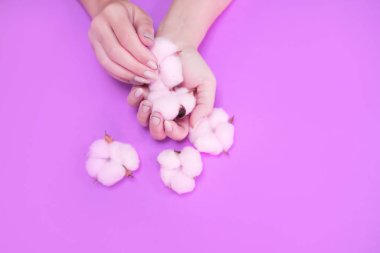 Zarif tonlarda, parlak bir arka planda, yumuşak pembe pamuklu güzel bir kadın manikürü..