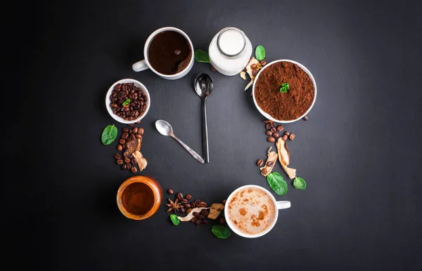 Mushroom Chaga Coffee Superfood Trend-dry and fresh mushrooms and coffee beans on dark background with mint. Coffee break