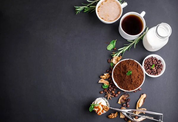 Mushroom Chaga Coffee Superfood Trend-dry and fresh mushrooms and coffee beans on dark background with mint. Coffee break