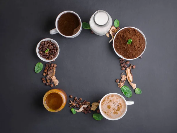 Mushroom Chaga Coffee Superfood Trend-dry and fresh mushrooms and coffee beans on dark background with mint. Coffee break