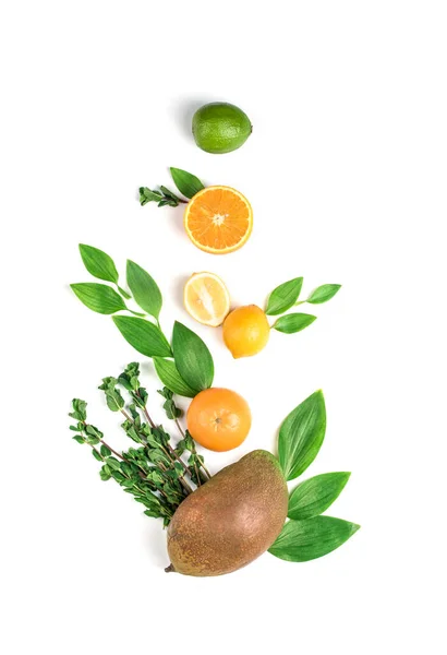 Фруктовый Ассорти Манго Мандарин Лимон Оранжевый Мята Зеленые Листья Витамины — стоковое фото