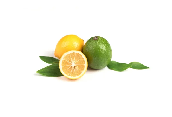 Složení Ovoce Bílém Podkladu Pomeranč Citron Kiwi Limetka Mango Izolované — Stock fotografie