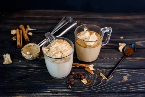 Delicious Fragrant Dalgona Coffee Glass Cups Cinnamon Sticks Dried Mushrooms — Stock Photo, Image