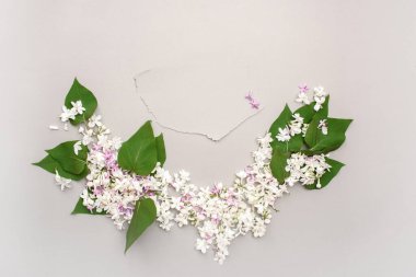 Gri bir arka planda yeşil yapraklar ve beyaz leylak çiçeklerden oluşan güzel bir çerçeve ve mesaj için gri bir kartpostal. Düz yatıyordu