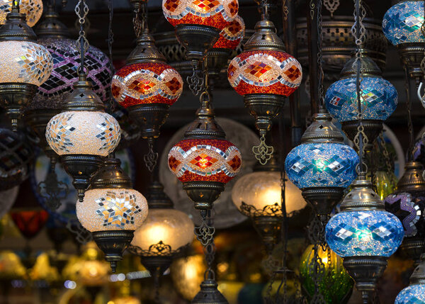 Traditional Asian lanterns of colored glass