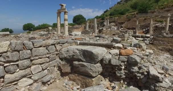 Las ruinas de la antigua ciudad antigua de Éfeso el edificio de la biblioteca de Celso, los templos anfiteatro y columnas. Candidato a la Lista del Patrimonio Mundial de la UNESCO — Vídeo de stock