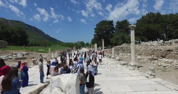 Ruinerna av gamla antika staden Efesos den bibliotek byggnad av Celsus, amfiteatern tempel och kolumner. Kandidat för Unesco världsarvslistan — Stockvideo