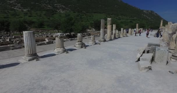 Las ruinas de la antigua ciudad antigua de Éfeso el edificio de la biblioteca de Celso, los templos anfiteatro y columnas. Candidato a la Lista del Patrimonio Mundial de la UNESCO — Vídeo de stock