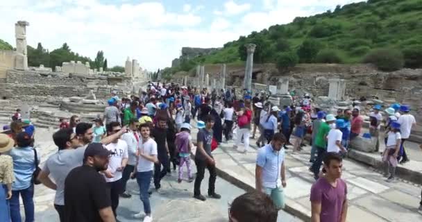 As ruínas da antiga cidade antiga de Éfeso o edifício da biblioteca de Celso, os templos e colunas do anfiteatro. Candidato à Lista do Patrimônio Mundial da UNESCO — Vídeo de Stock