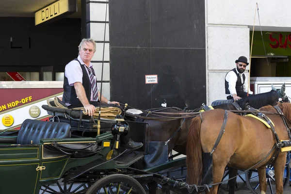 与出租车游客沿着古老的街道的维也纳传统马车. — 图库照片