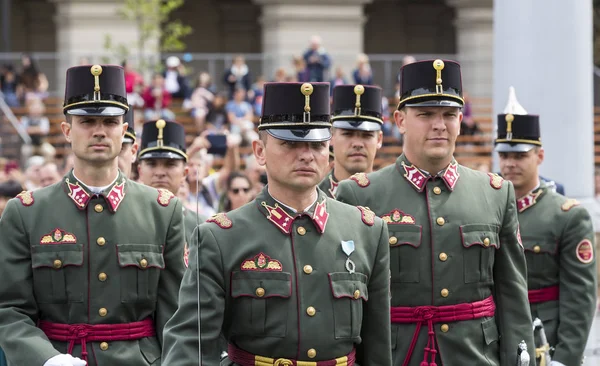 Katonák a Magyar Honvédség, a bejáratnál a Parlament-Szent István napjának tiszteletére ünnepi beszéde. — Stock Fotó