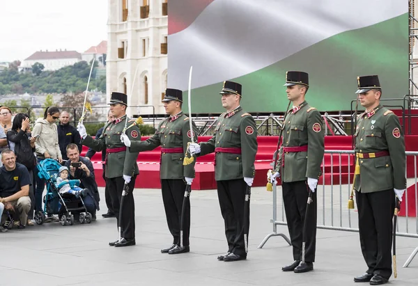 Katonák a Magyar Honvédség, a bejáratnál a Parlament-Szent István napjának tiszteletére ünnepi beszéde. — Stock Fotó