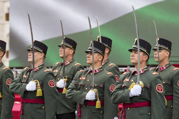 Discurso festivo de soldados do exército húngaro perto da entrada do parlamento em honra do dia de Santo Istvan . — Fotografia de Stock