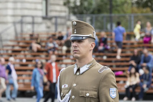 Aziz Istvan günün onuruna Parlamentosu girişine yakın Macar ordu askerleri tarafından Festival konuşma. 