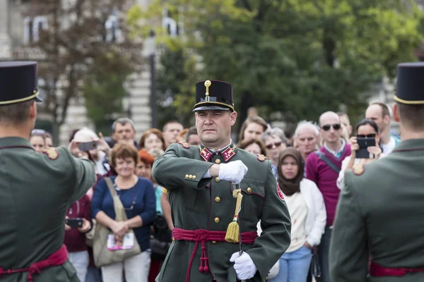 Aziz Istvan günün onuruna Parlamentosu girişine yakın Macar ordu askerleri tarafından Festival konuşma. 