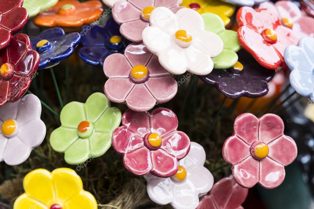 Traditional Hungarian ceramic flowers to decorate the interior of gardens