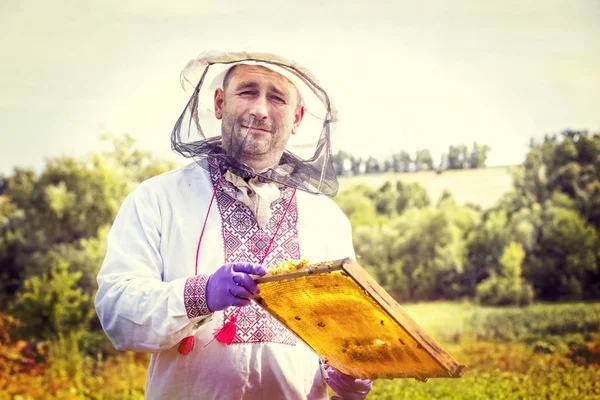 Um homem trabalha num apiário — Fotografia de Stock