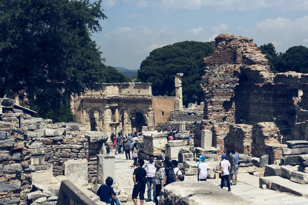 Les ruines de l'ancienne ville antique d'Ephèse le bâtiment de la bibliothèque de Celsus, les temples et les colonnes de l'amphithéâtre. Candidat à la Liste du patrimoine mondial de l'UNESCO — Photo