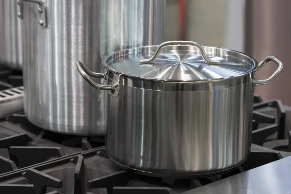 Metal stainless steel pan on a kitchen stove