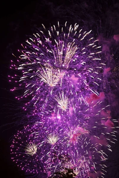 Fuegos Artificiales Colores Brillantes Fondo Del Cielo Nocturno — Foto de Stock