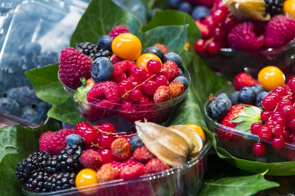 Fondo Bayas Con Frambuesas Frescas Arándanos Grosellas Fresas Cerezas —  Fotos de Stock