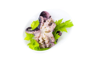 Mini kanepeler deniz ürünleri ve sebze ve otlar ve beyaz arka plan üzerinde izole plastik mutfak eşyaları.