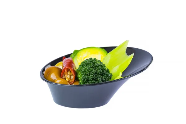 Mini Vorspeisen Aus Gemüsekanapee Plastik Einweggeschirr Auf Weißem Hintergrund — Stockfoto