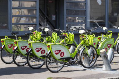 Budapeşte, Macaristan - 21 Ağustos 2017: Kiralama ve park zevk bisikletler Budapeşte Macaristan içinde 