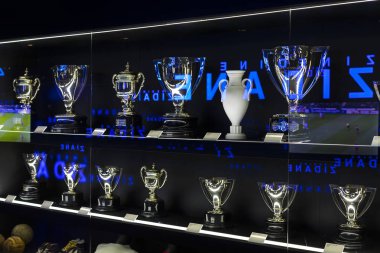 Madrid, İspanya - 25 Mart, 2018: Real Madrid Futbol Kulübü'nün müze su bardağı ve kulüp Ödülleri.