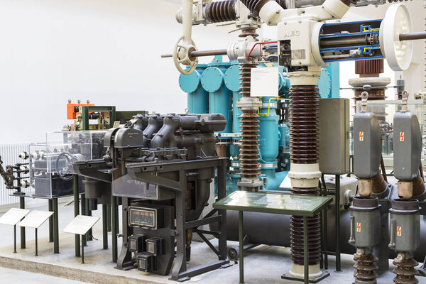 MUNICH, GERMANY - NOVEMBER 26, 2018 : The German Museum of Science and Technology Achievement represents the exposure of old mechanisms for the production of energy steam engines, windmills, electric generators. 