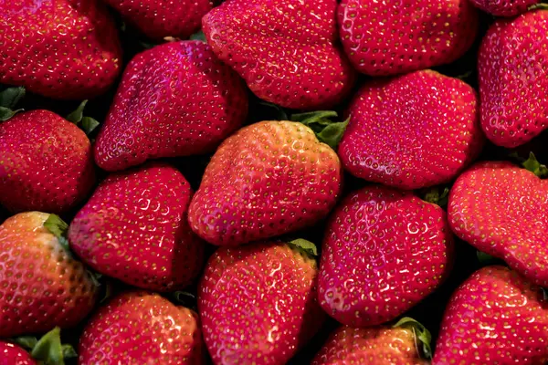 Antecedentes Fresas Rojas Maduras Primer Plano Mercado —  Fotos de Stock