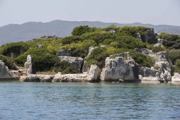 水淹时利西亚古城由于地震城市 Simena 市附近 Kekova 土耳其附近 — 图库照片