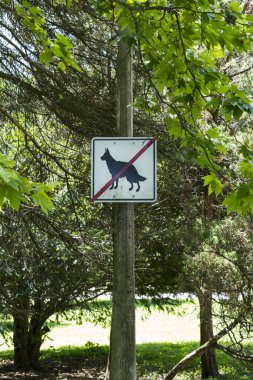 Sign prohibition walking dog shot in the park for vacation people.
