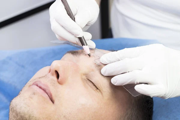 Young Man Microblading Procedure Improve Condition Mans Eyebrows Beauty Salon — 스톡 사진