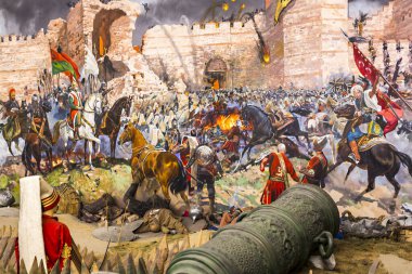 ISTANBUL, TURKEY - OCTOBER 14, 2015: Elements of the panorama of the fall of Constantinople in 1453.
