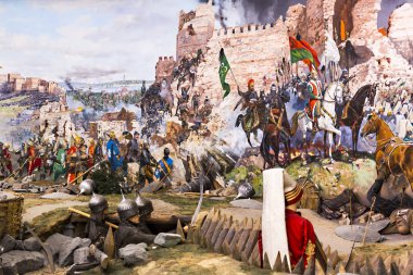 ISTANBUL, TURKEY - OCTOBER 14, 2015: Elements of the panorama of the fall of Constantinople in 1453.