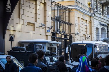 ISTANBUL, TURKEY - 1 APRIL , 2017: Russian consulate on Istiklal street in Istanbul surrounded by police equipment.
