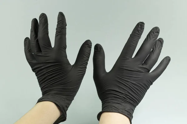 Ręczne Gesty Szarym Tle Sterylnej Gumowej Rękawiczce Dużym Lanem — Zdjęcie stockowe